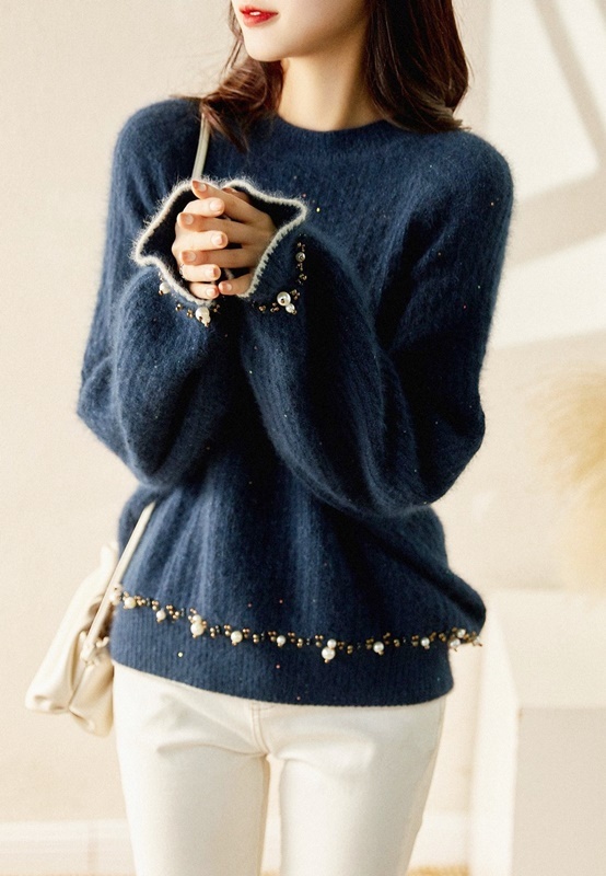 撞色滾花珠針織上衣 藏青