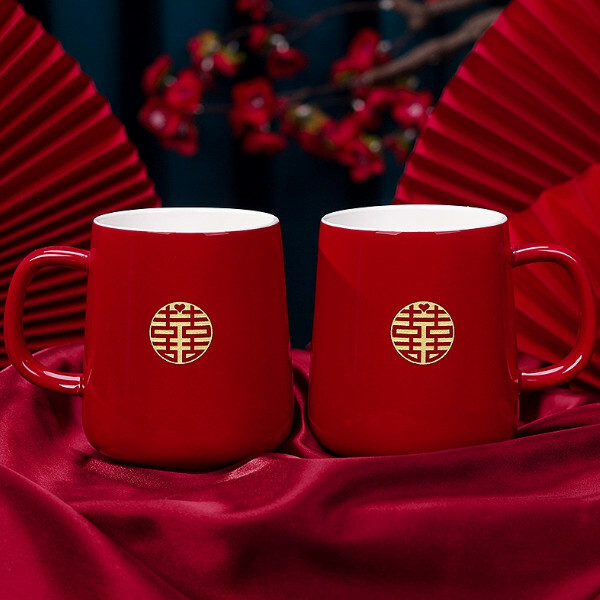 結婚洗漱杯 新婚對杯 馬克杯陶瓷刷牙杯（燙金愛心喜對杯）x1對裝