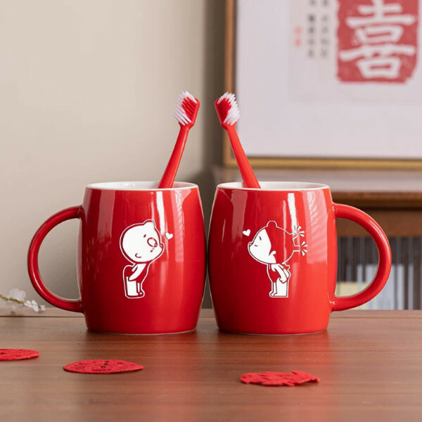 結婚洗漱杯 新婚對杯 馬克杯（酒桶紅色杯牙刷（王小丫小破孩））x1對裝