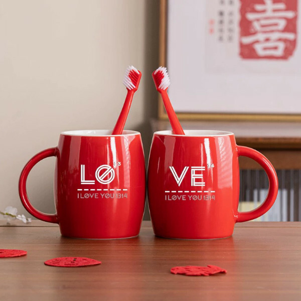結婚洗漱杯 新婚對杯 馬克杯（酒桶紅色杯牙刷（love））x1對裝