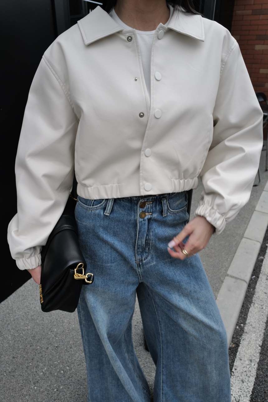 皮革壓釦短版皮外套*2色