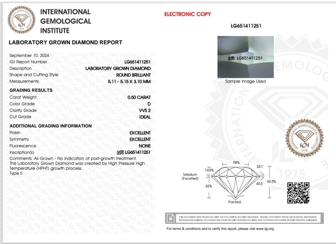 IGI LAB GROWN DIAMOND 0.50 D VVS2 IDEAL 2EX NON