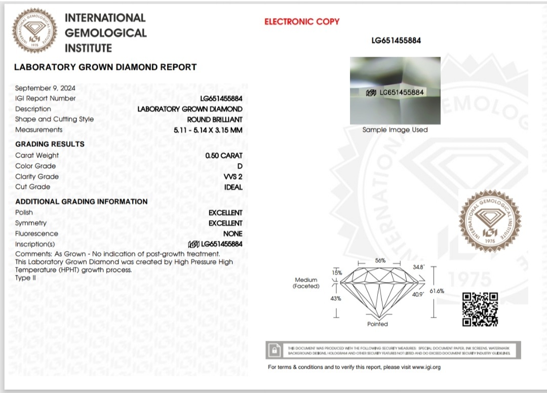 IGI LAB GROWN DIAMOND 0.50 D VVS2 IDEAL 2EX NON
