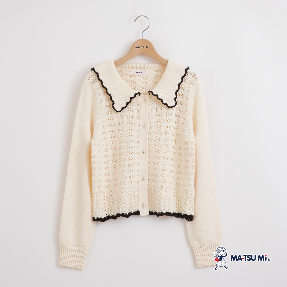 MA‧TSU Mi 跳色甜美花形水手領鏤空針織上衣(白.水藍)