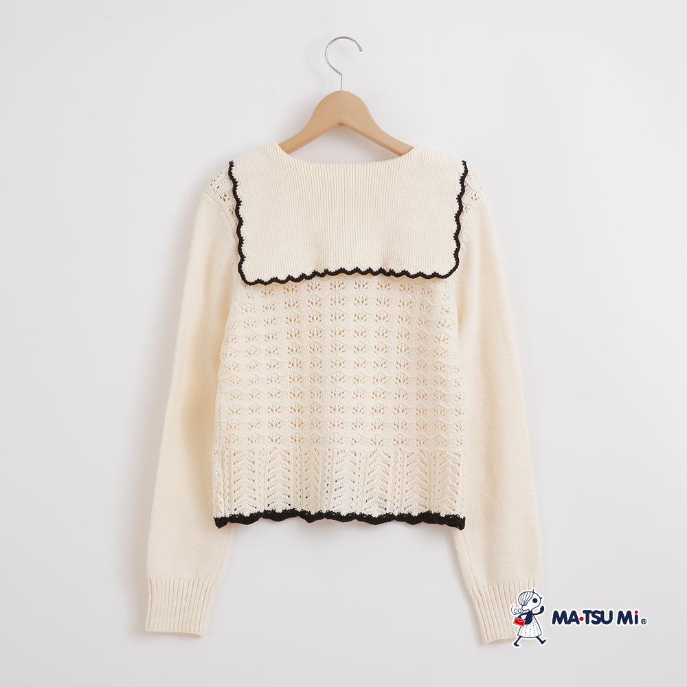 MA‧TSU Mi 跳色甜美花形水手領鏤空針織上衣(白.水藍)