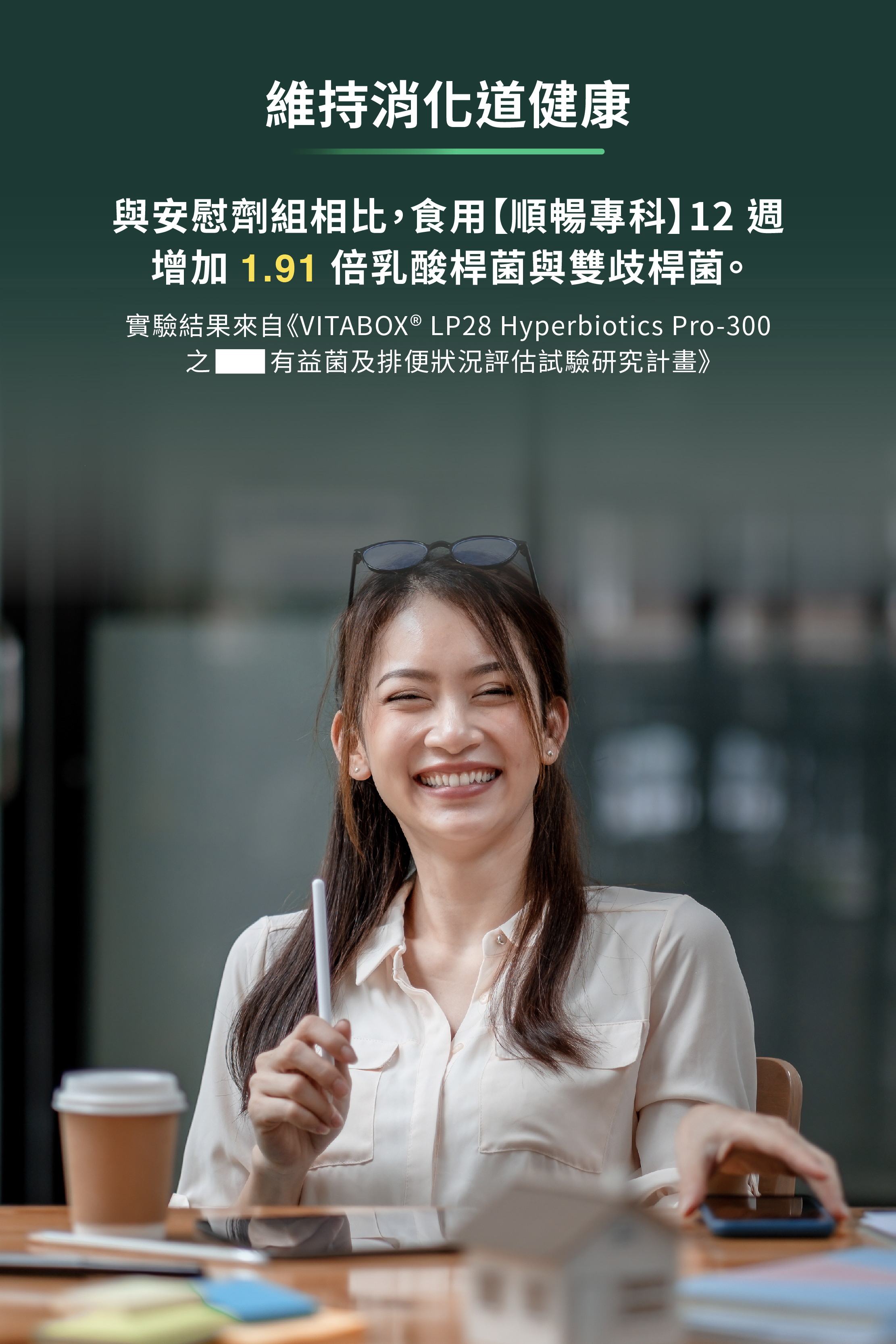 與安慰劑組相比,食用順暢專科12週增加1.91倍乳酸菌與雙歧桿菌