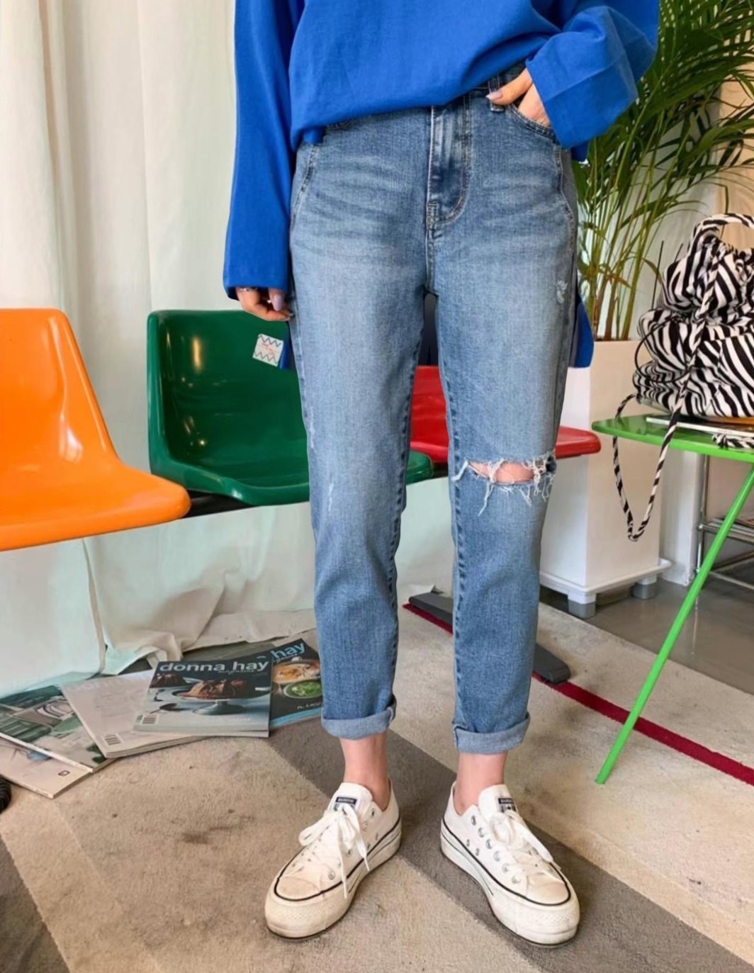 秋冬新款/單膝破刷色彈性男友褲