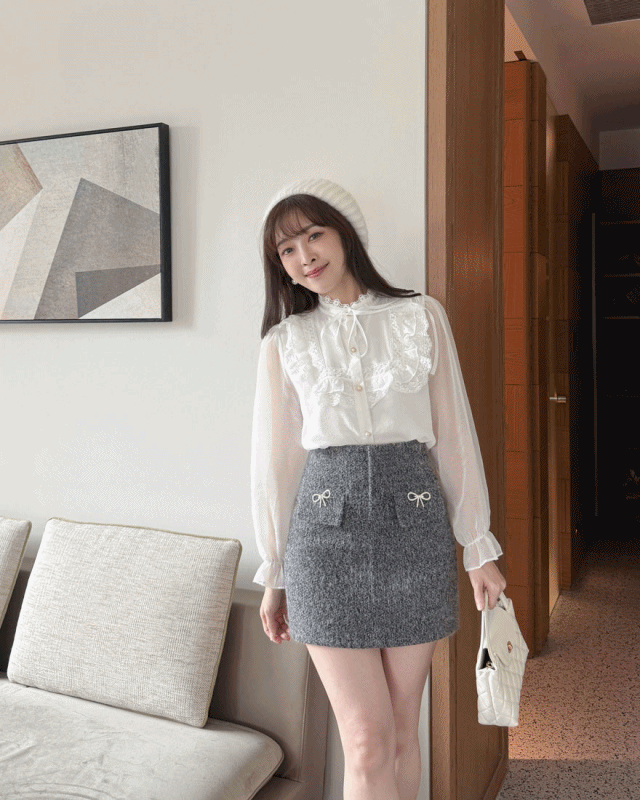LINA LINA絢麗格調鑽石蝴蝶結假口袋褲裙-兔毛花灰S-XL