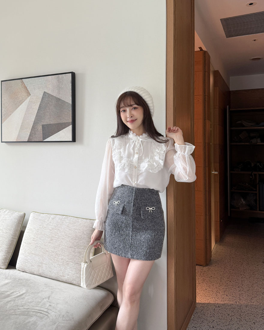 LINA LINA絢麗格調鑽石蝴蝶結假口袋褲裙-兔毛花灰S-XL