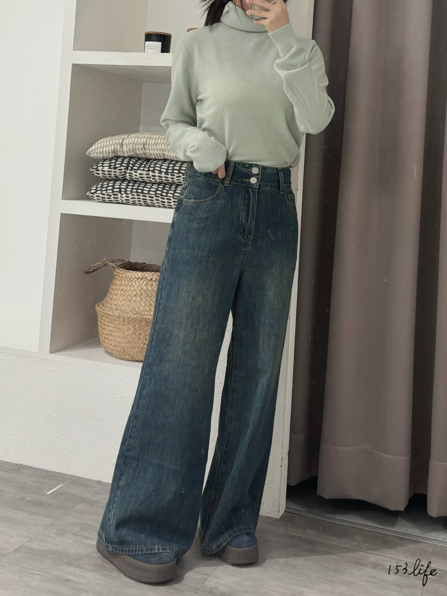 (牛仔藍)小個子收腰雙釦大長腿喇叭寬褲(九分/長款) XXS-L