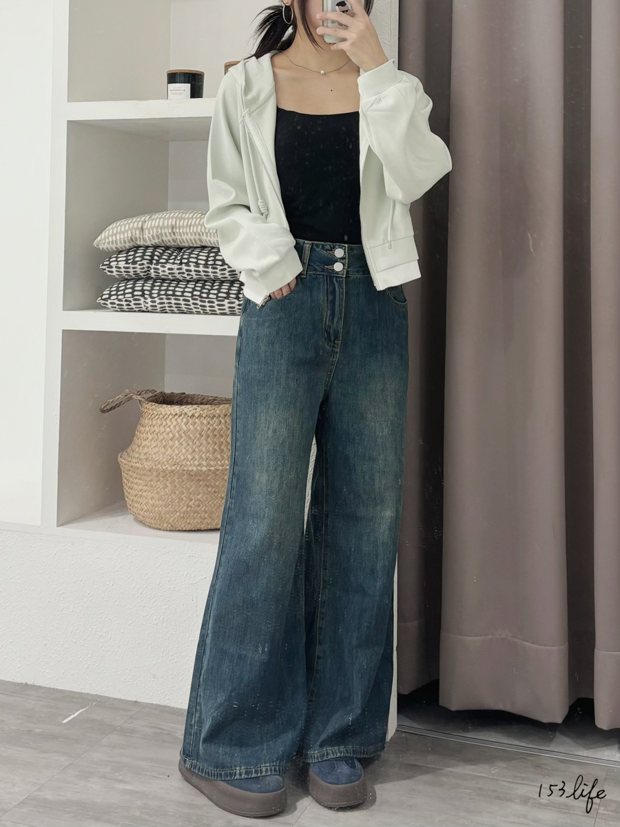 (牛仔藍)小個子收腰雙釦大長腿喇叭寬褲(九分/長款) XXS-L