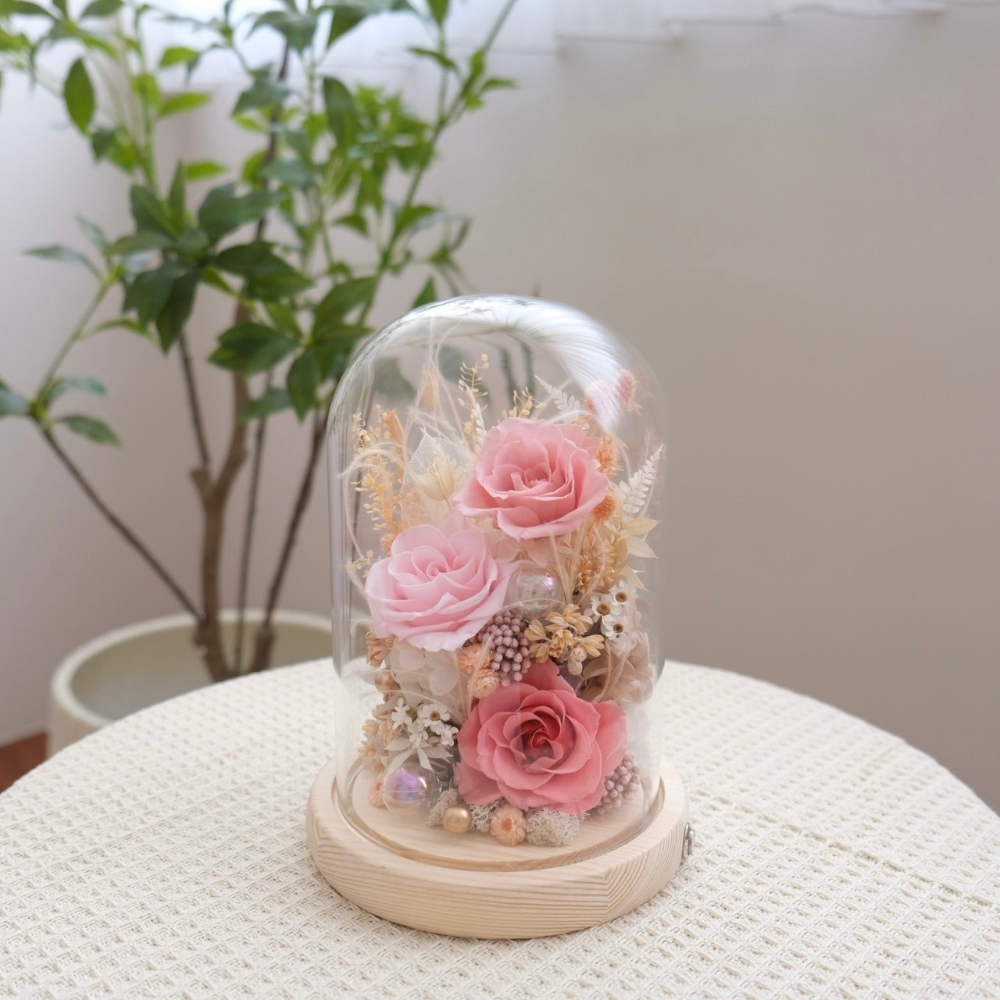 長型玻璃罩小夜燈 粉色系永生花