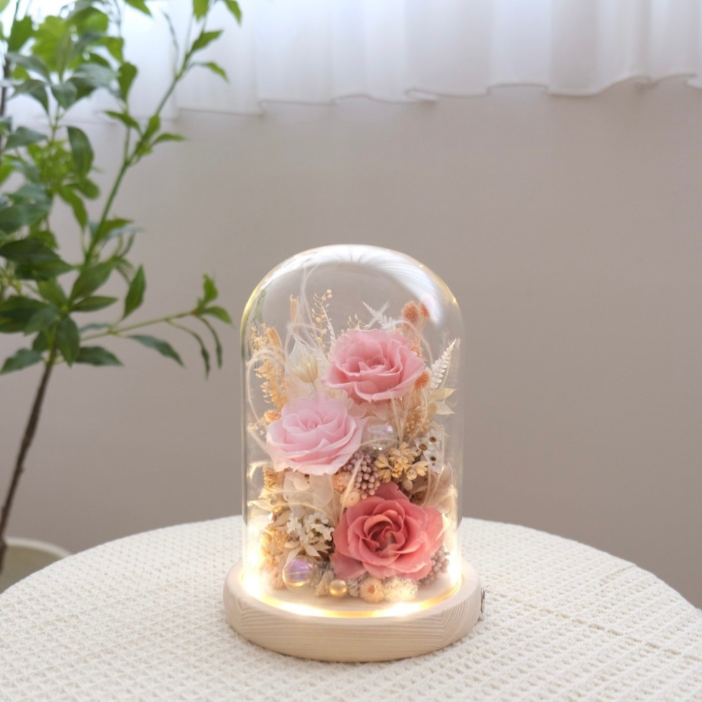 長型玻璃罩小夜燈 粉色系永生花