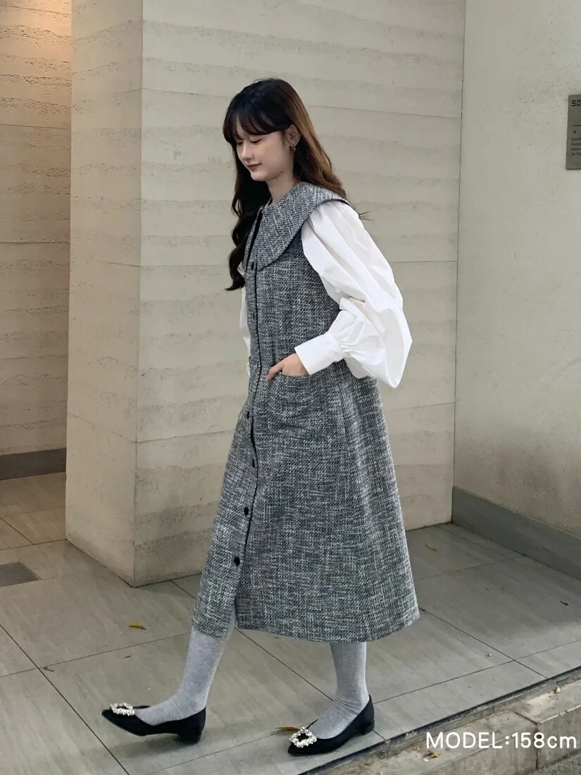 質感灰大領片造型排釦背心裙長洋裝-F (Elegant & Love)