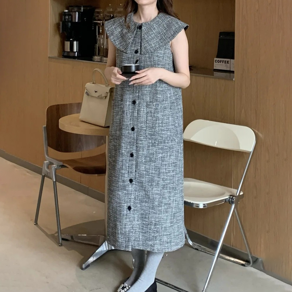 質感灰大領片造型排釦背心裙長洋裝-F (Elegant & Love)