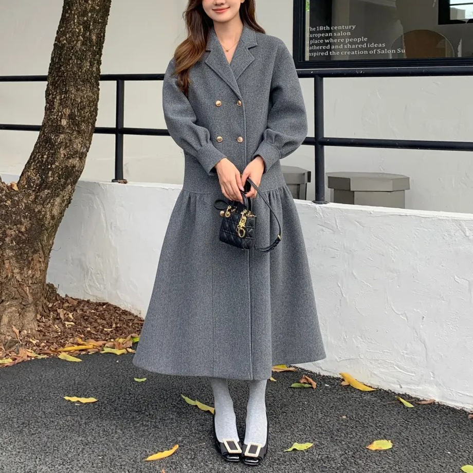質感灰雙排釦毛呢風衣式魚尾長洋裝-F (Elegant & Love)
