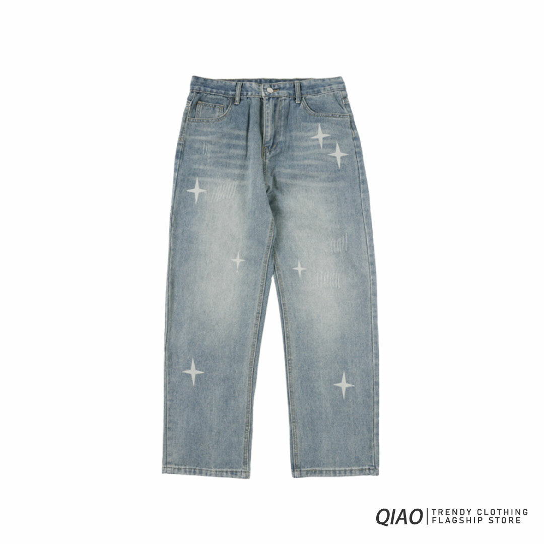 Jeans - 印刷星芒 水洗刷色 牛仔褲