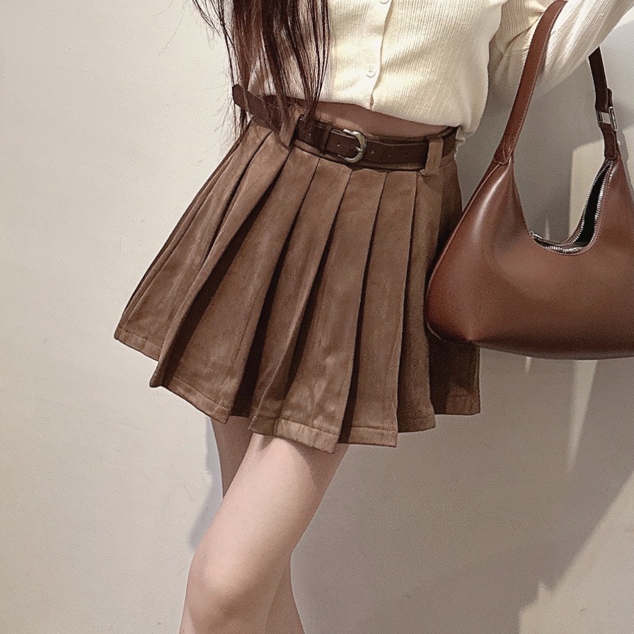復古麂皮百褶短裙(附皮帶)/二色