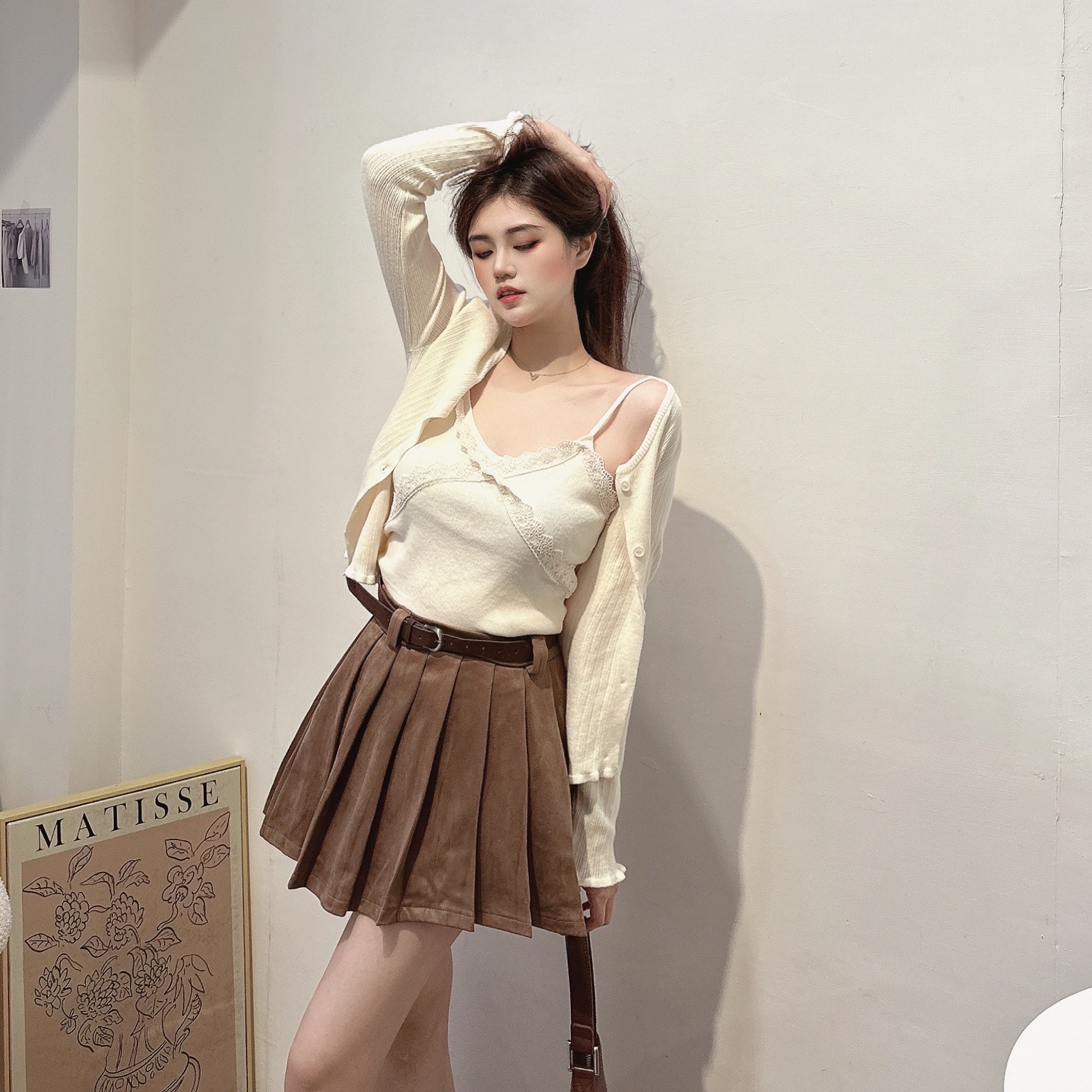 復古麂皮百褶短裙(附皮帶)/二色