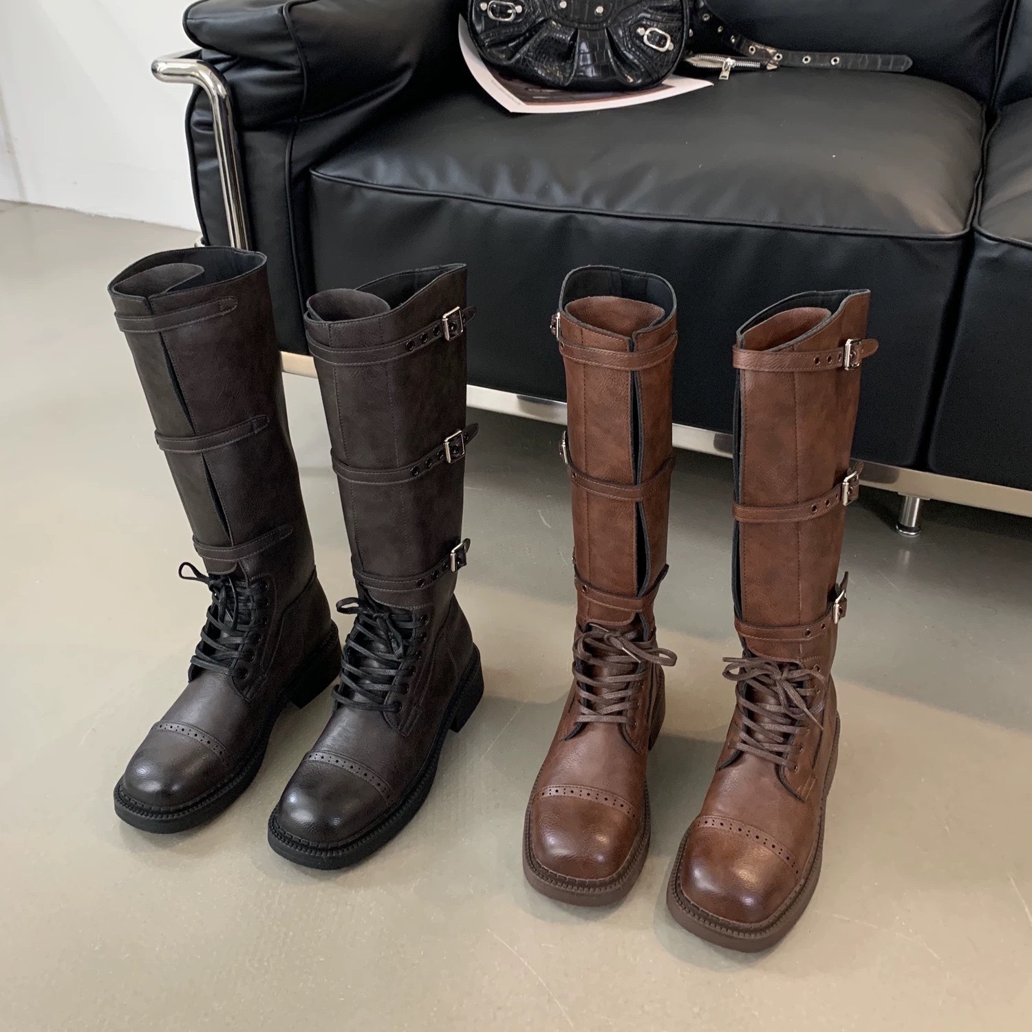 復古MIU風皮帶長靴/二色