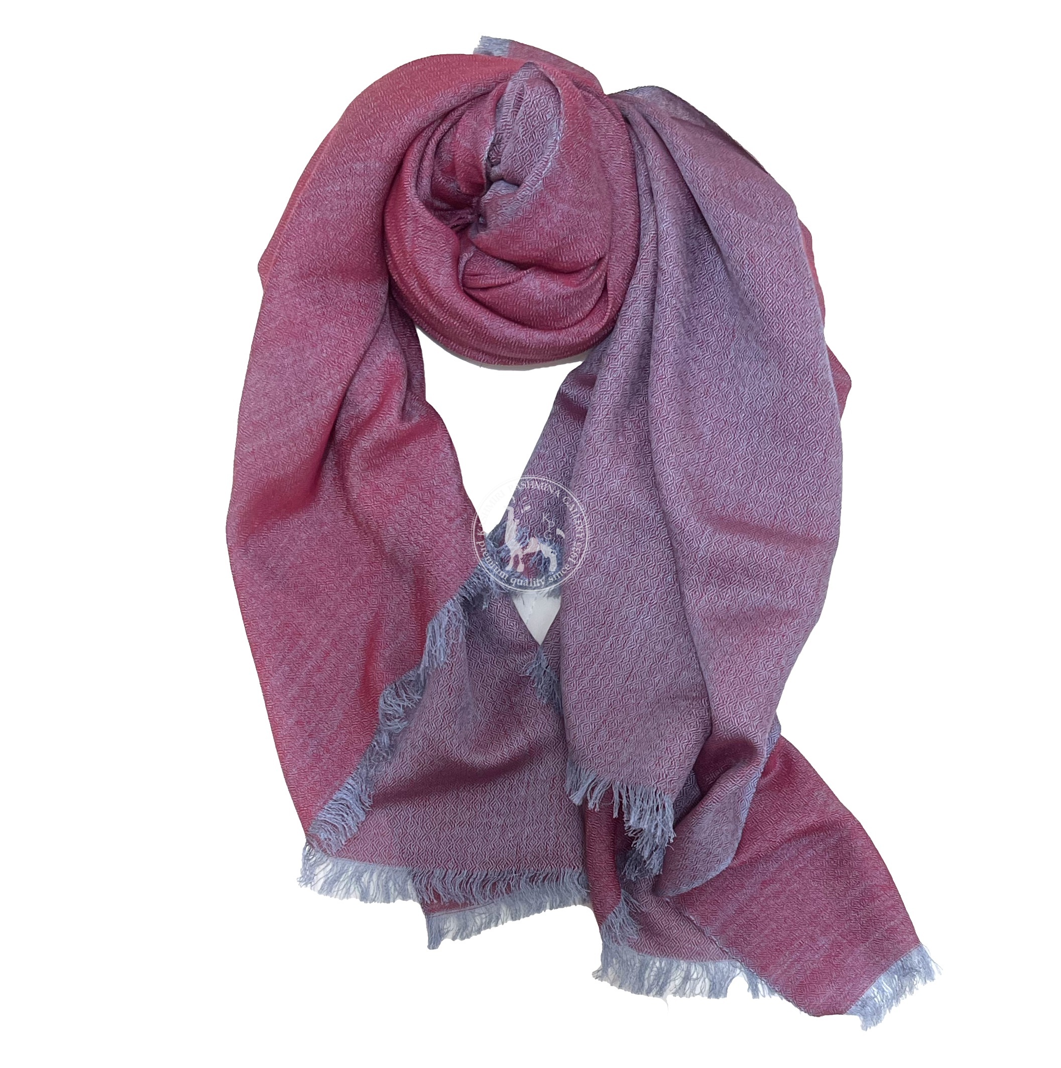 紅灰雙色線喀什米爾山羊絨磨邊披肩圍巾