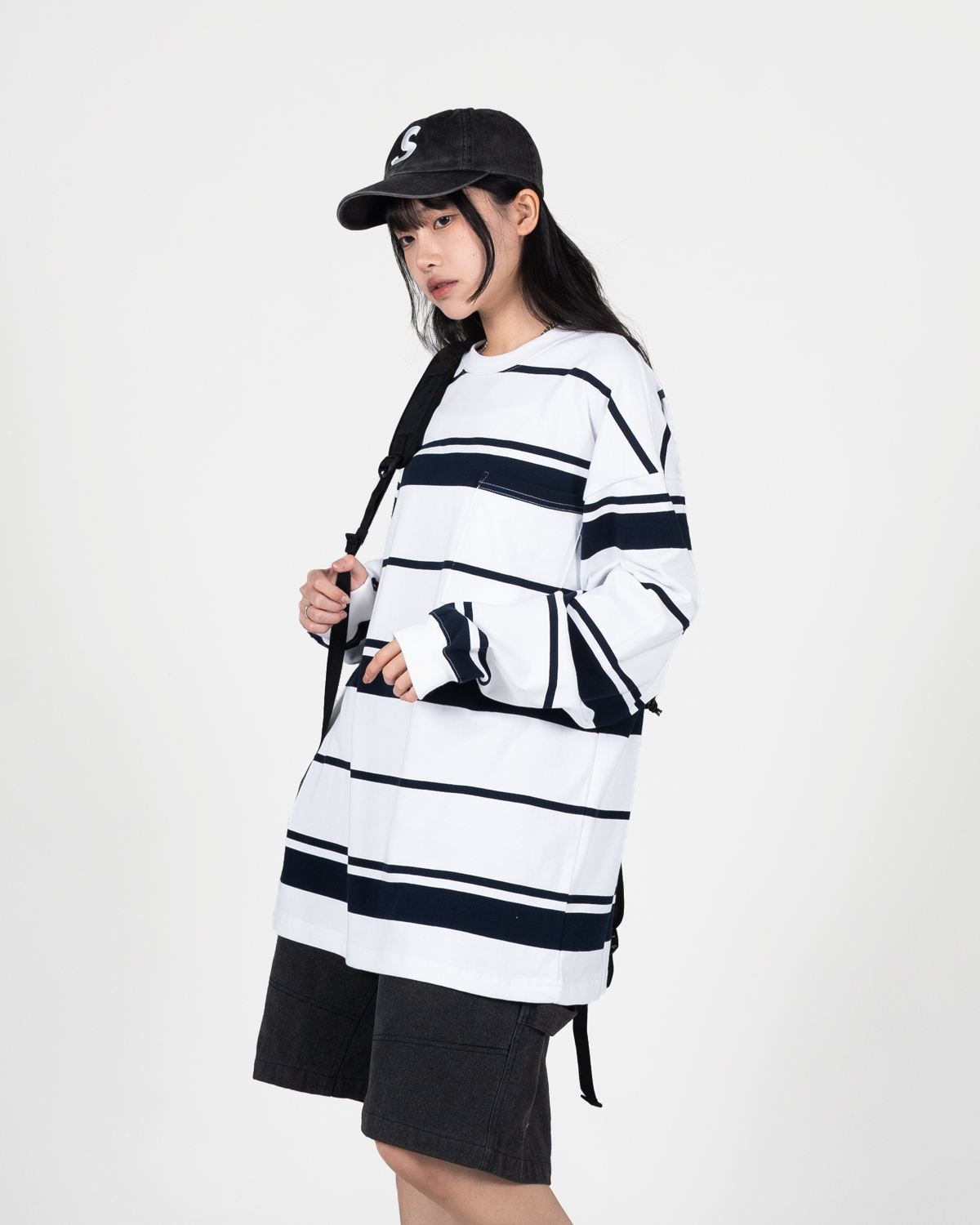 OurPick Navy Blue Stripe LS Tee 深藍條紋寬版長袖 2色