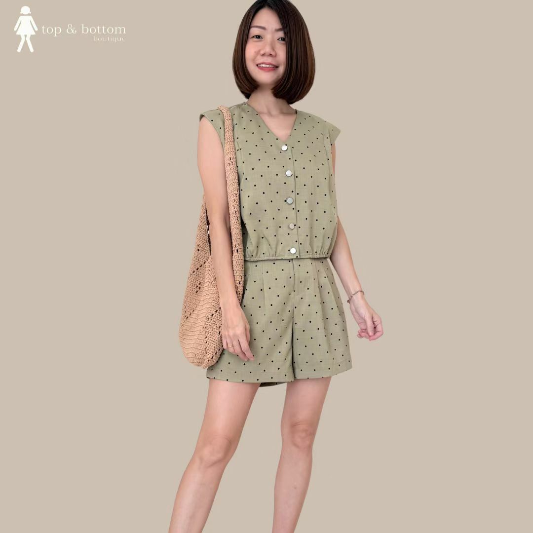 POLKA DOT V NECK BLOUSE & SHORTS SET SUIT