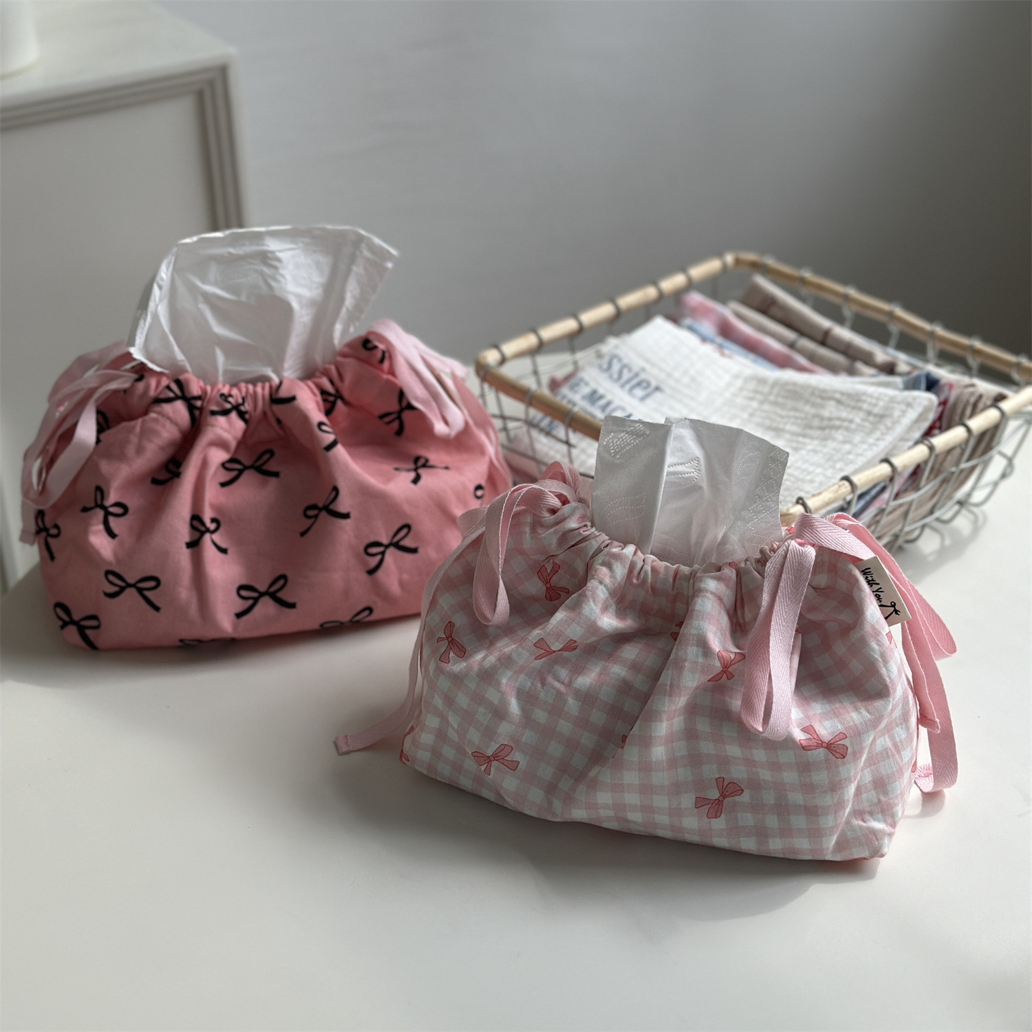 《5165》氣質粉紅少女蝴蝶結抽繩面紙套