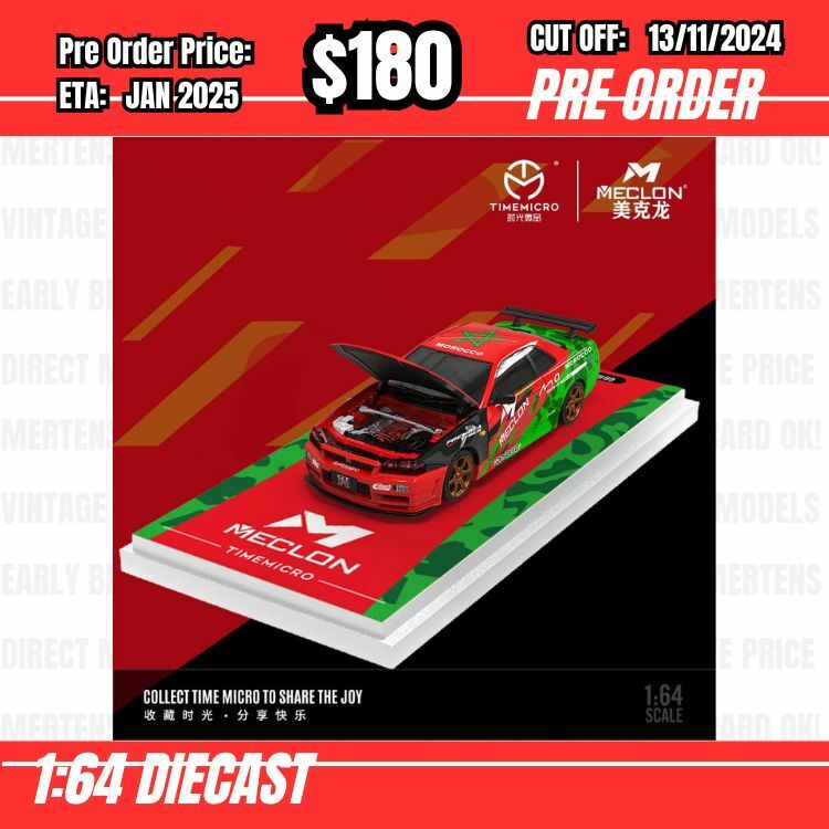 PO-$180 * Time Micro * 1:64 Nissan Skyline GTR R34 Melcon Red Green [OD05/11]