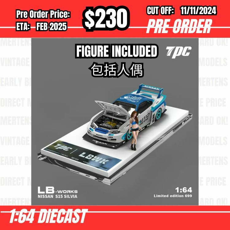 PO-$230 * Time Micro * 1:64 Nissan S15 Silvia Wide Body Blue White w/figure [OD05/11]