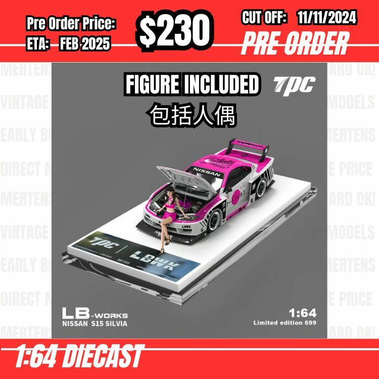 PO-$230 * Time Micro * 1:64 Nissan S15 Silvia Wide Body Pink White w/figure [OD05/11]