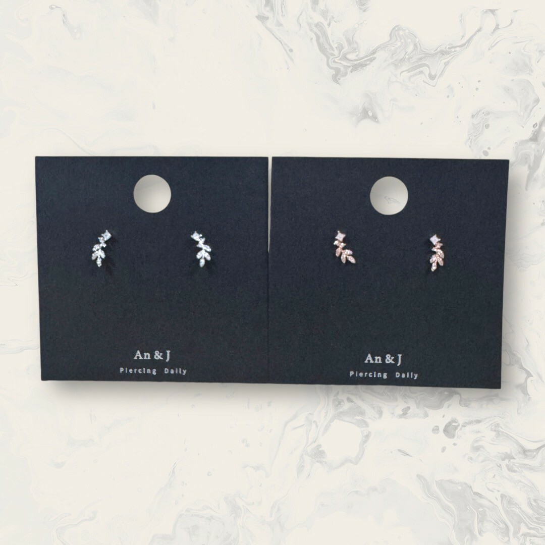 韓國直送-銀針 小方鋯下碎鋯枝葉 鍍14K