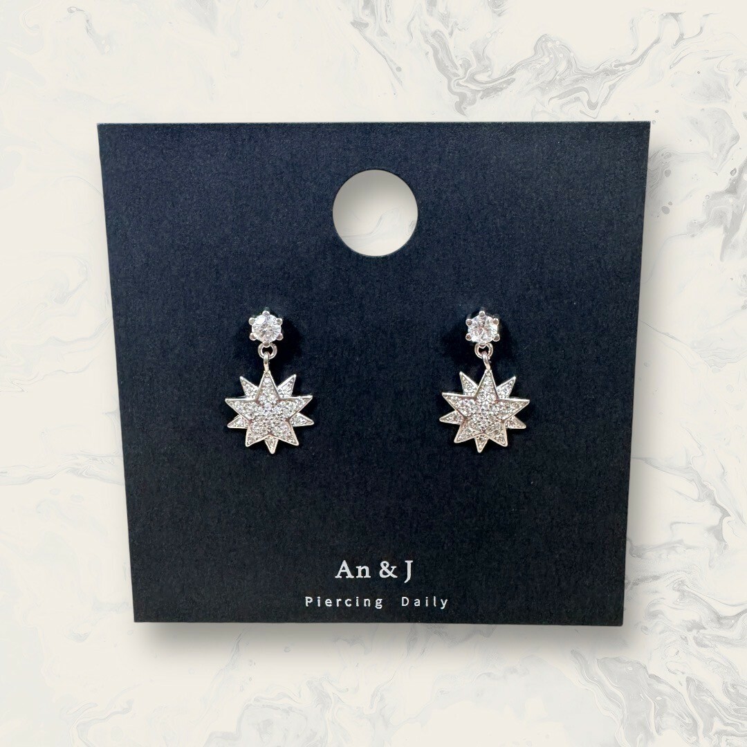 韓國直送-銀針 六點鋯吊銀框滿鋯雙層星芒 鍍白金