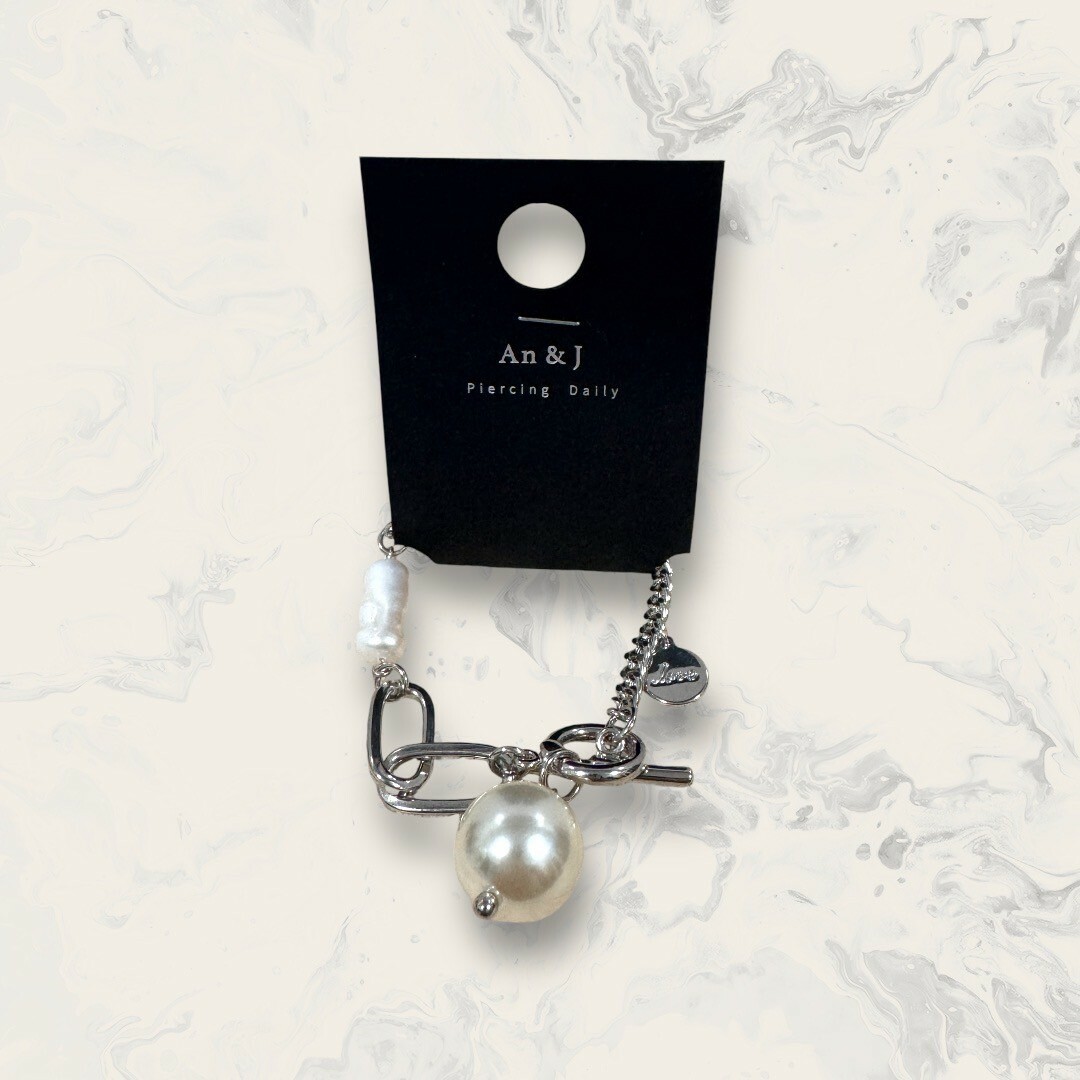 韓國直送手鍊 粗橢圓圈拼接古巴鍊+不規則長珍珠OT扣吊超大珍珠