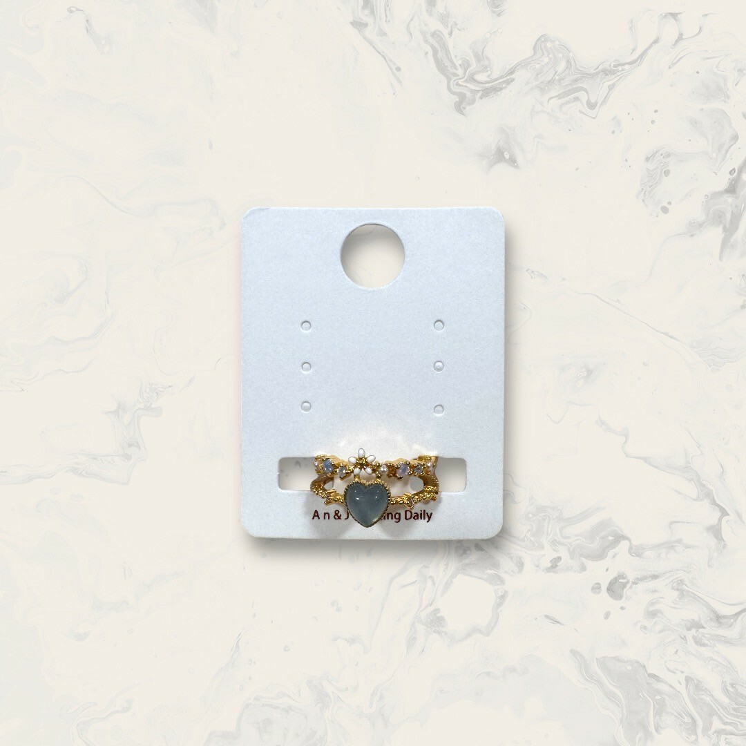 韓國直送戒指 可調式 雙層 上排列白小花+珍珠+碎鋯 下中藍晶愛心 鍍14K