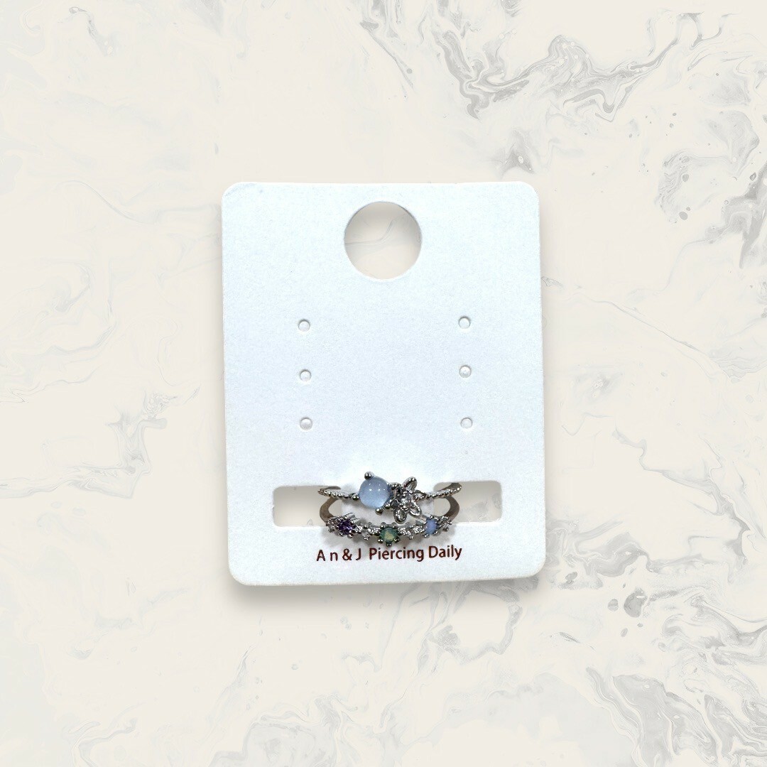 韓國直送戒指 可調式 雙層 1藍圓晶+中鋯花花框 1排列紫+綠+藍小鋯 鍍14K