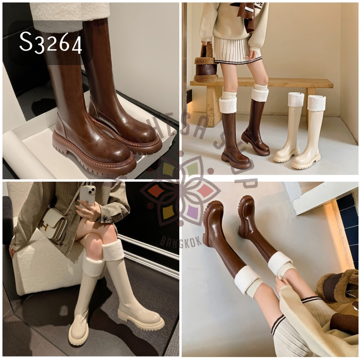 S3264 - 全真皮羊皮毛毛圓頭厚底長靴