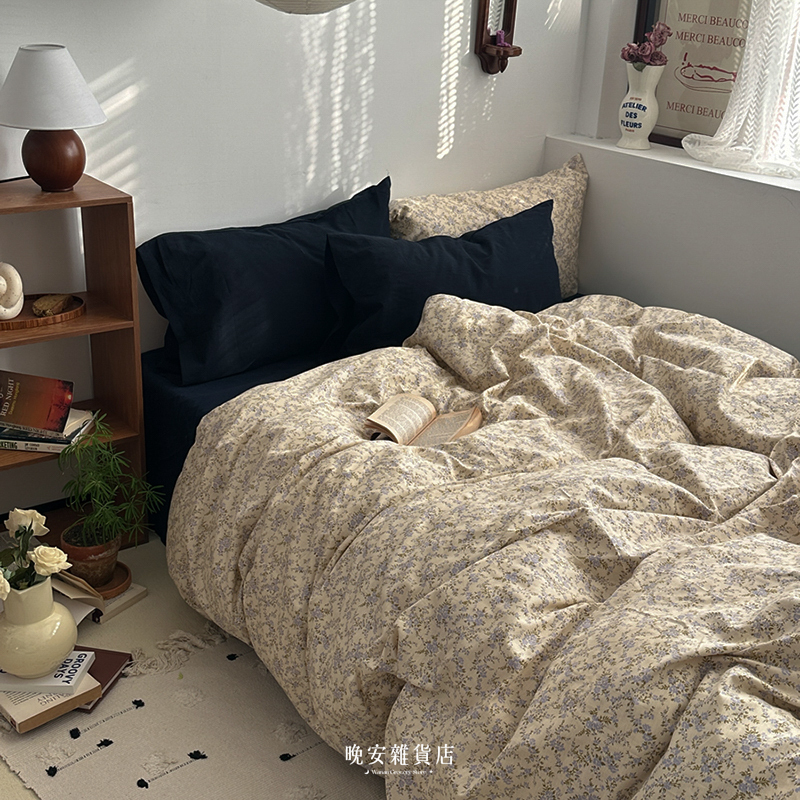 拼接色純棉【藏藍碎花】床單床包組