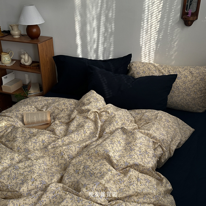 拼接色純棉【藏藍碎花】床單床包組