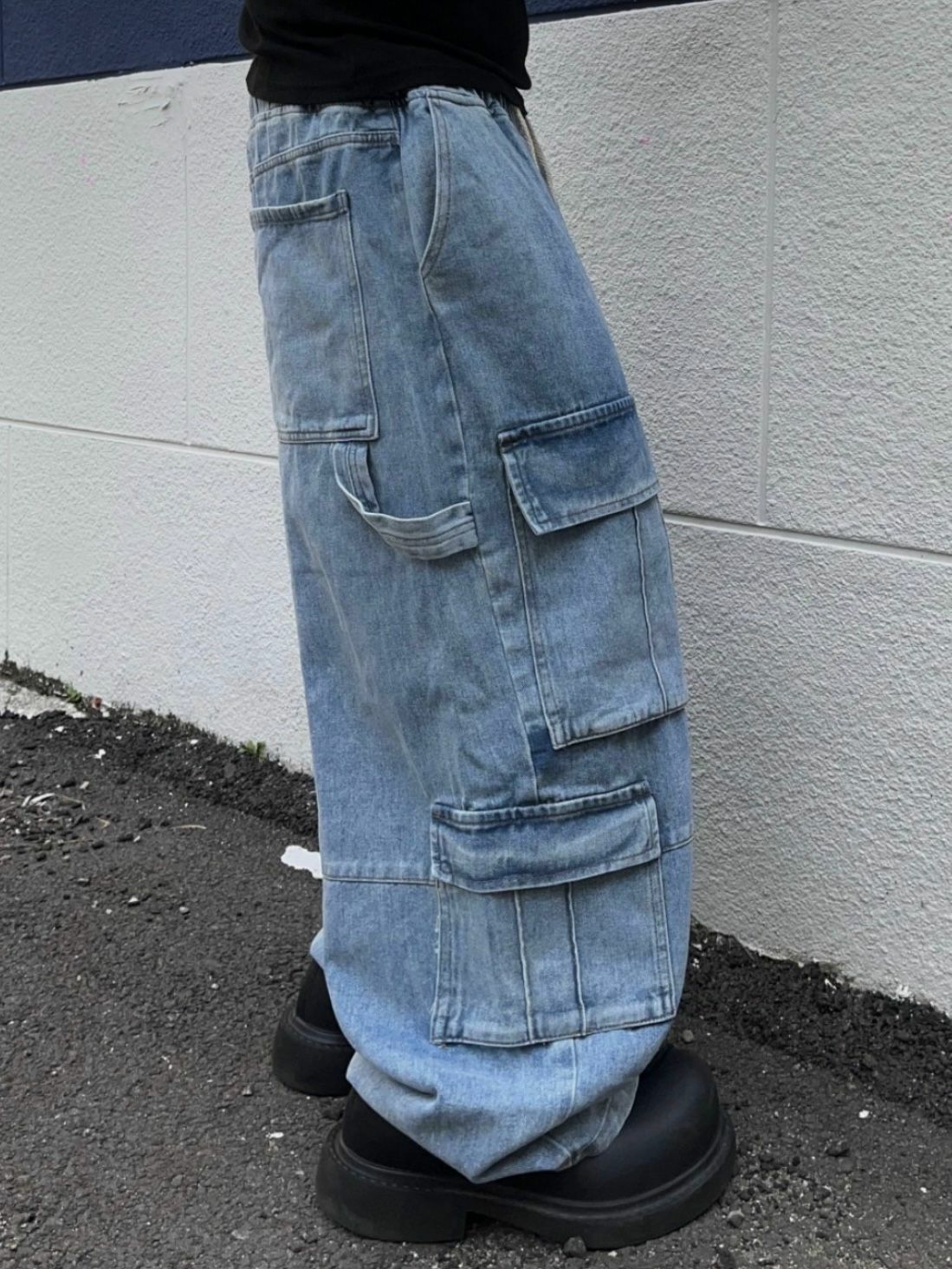 洗水淨色鬆身工裝牛仔褲 P3002