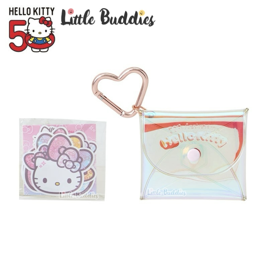 日本 Sanrio Hello Kitty 50周年 幻彩蝴蝶結系列 - 心形扣啪啪袋連貼紙