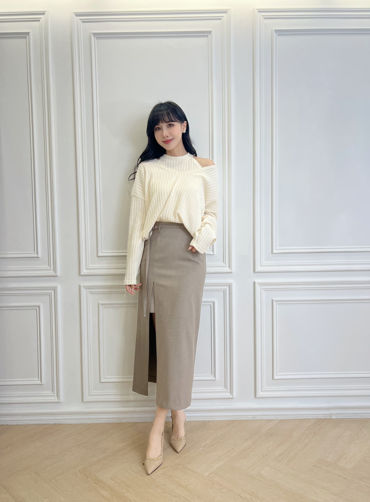 側開衩腰帶直筒長裙