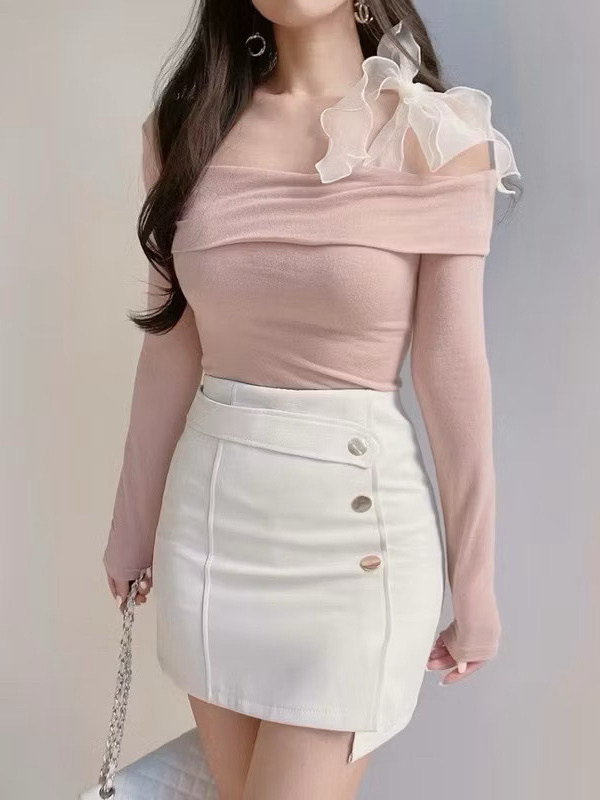 正韓🇰🇷歐根紗單肩綁帶薄針織上衣（3色均碼）