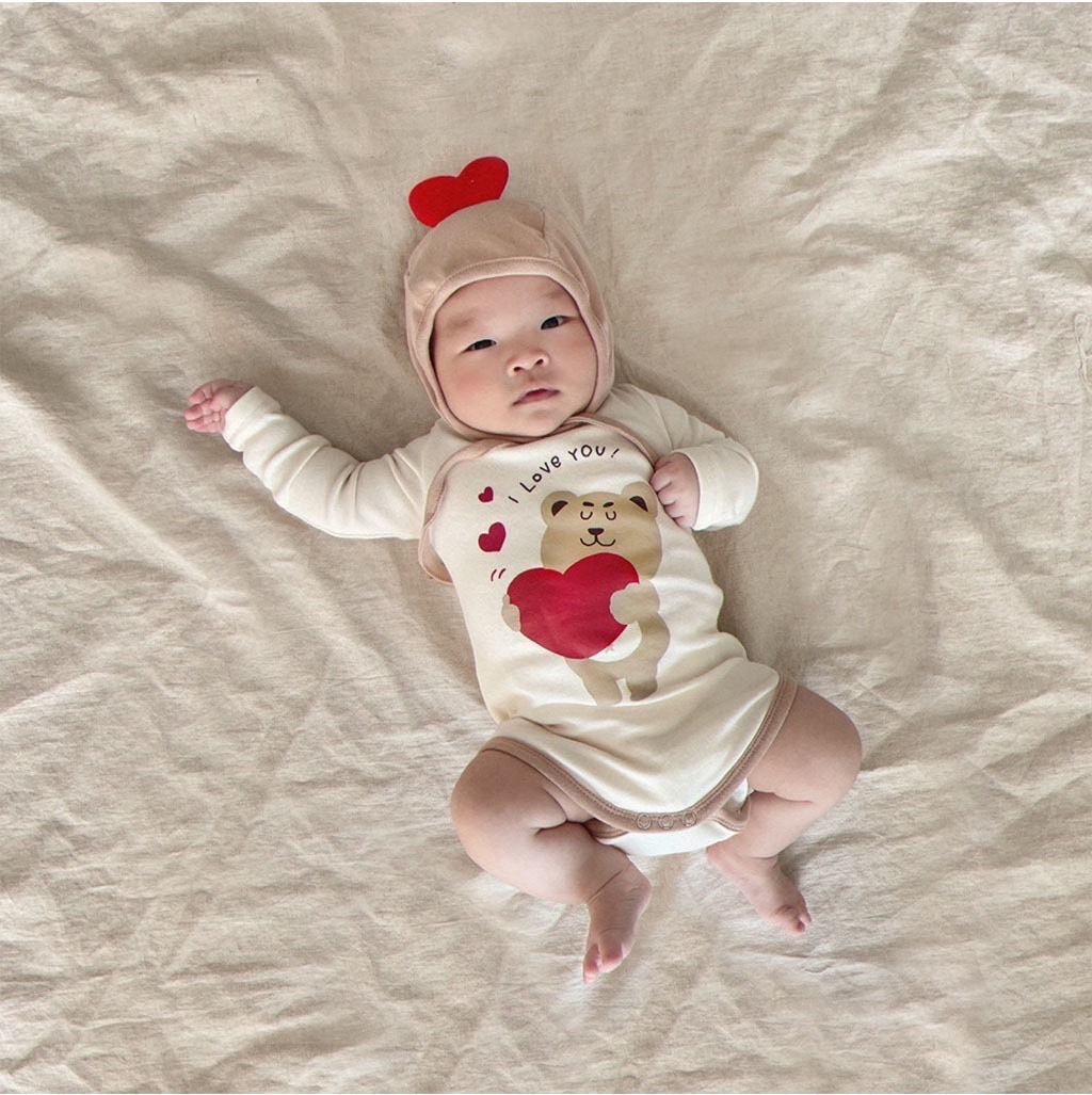 愛心熊熊薄長包屁衣｜含帽