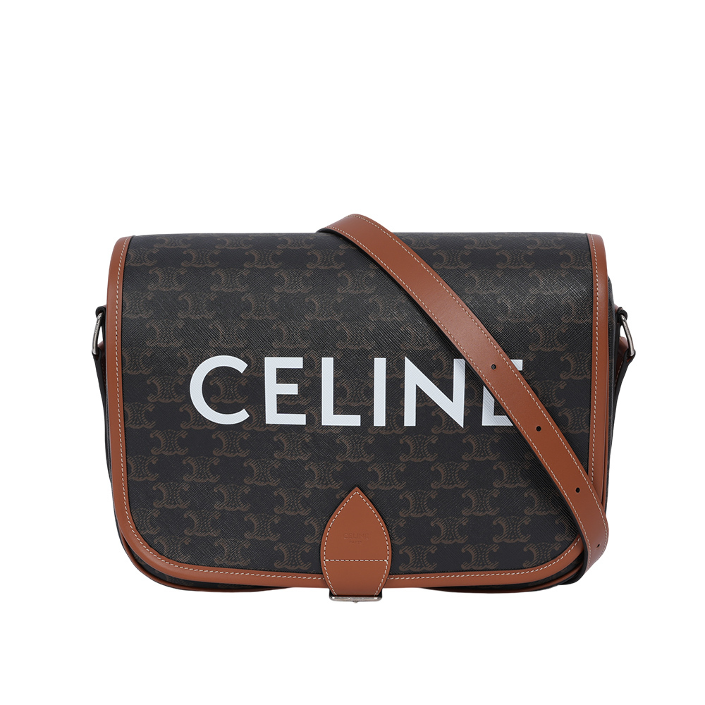 【CELINE】Folco 標誌印花帆布及小牛皮翻蓋郵差包/斜背包(棕褐色)193902BZK.04LI