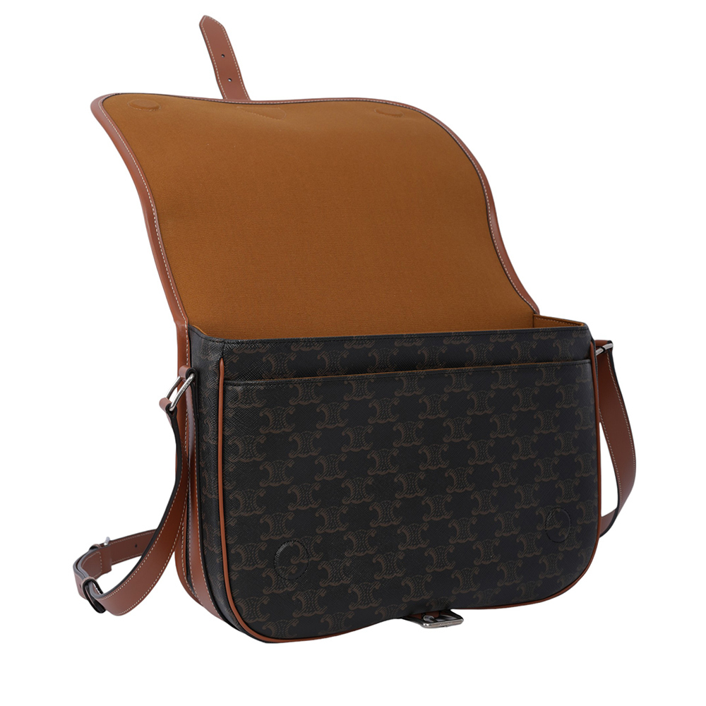 【CELINE】Folco 標誌印花帆布及小牛皮翻蓋郵差包/斜背包(棕褐色)193902BZK.04LI