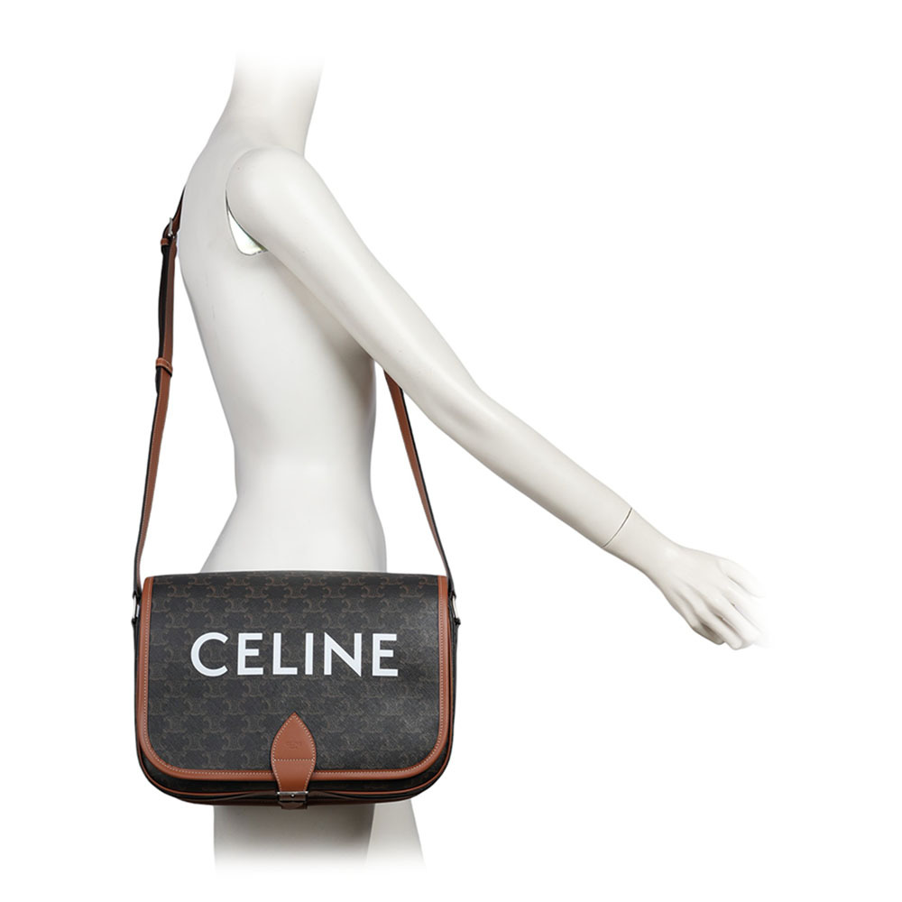 【CELINE】Folco 標誌印花帆布及小牛皮翻蓋郵差包/斜背包(棕褐色)193902BZK.04LI