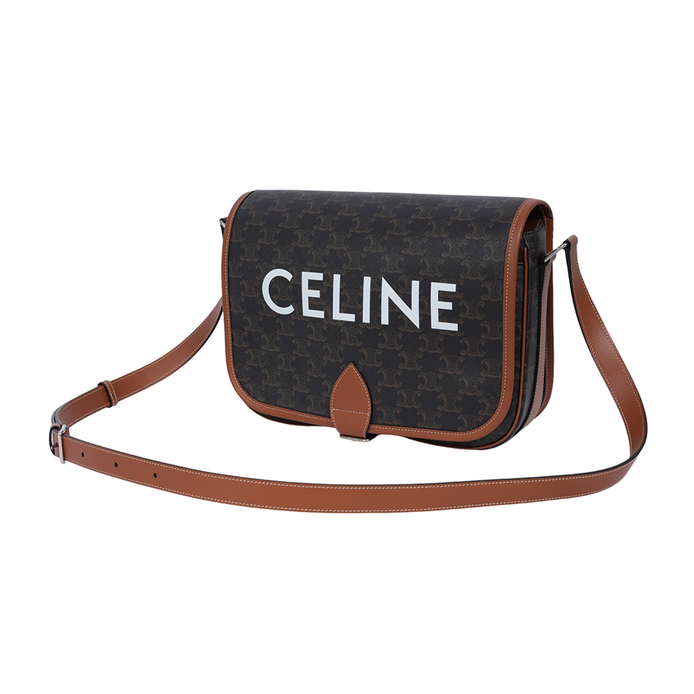 【CELINE】Folco 標誌印花帆布及小牛皮翻蓋郵差包/斜背包(棕褐色)193902BZK.04LI
