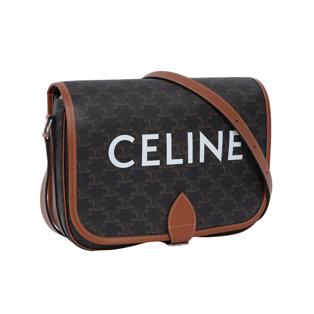 【CELINE】Folco 標誌印花帆布及小牛皮翻蓋郵差包/斜背包(棕褐色)193902BZK.04LI