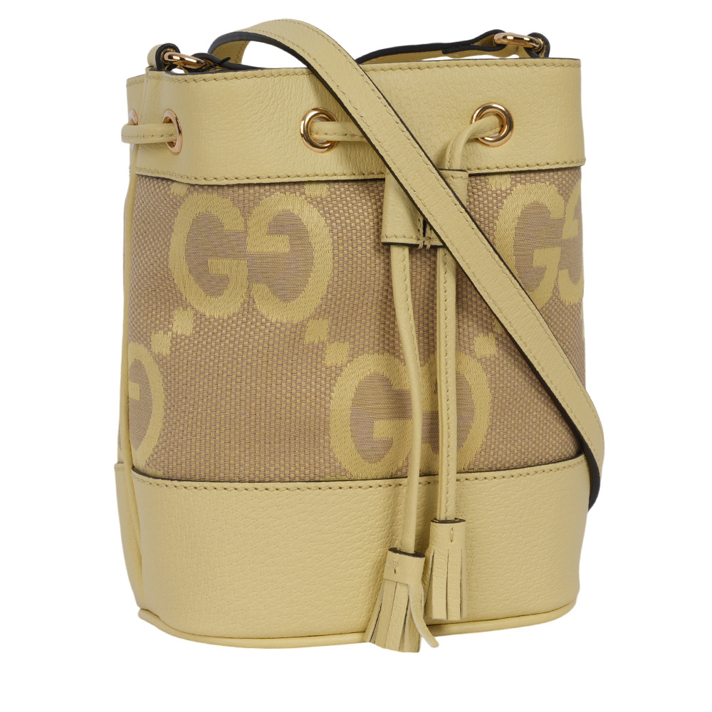 【GUCCI】Jumbo GG Logo Ophidia 水桶斜背包(Mini)(駝色/香蕉黃)550620 UKMBG 8480